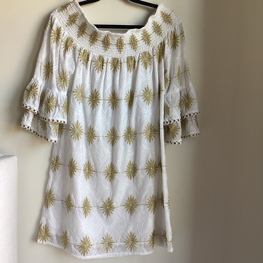 Boston Proper Metallic Detail Off-The-Shoulder Dress Womens Small White Gold - Picture 9 of 15